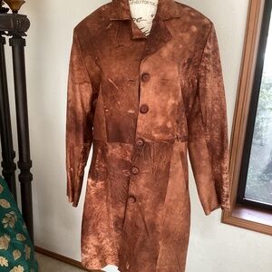 SERENA LEATHER Long Distressed Coloring Brown Button Detail Leather Jacket